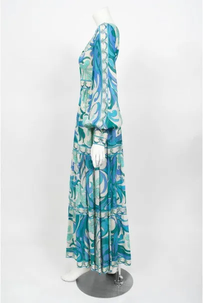 1970's Emilio Pucci Blue Psychedelic Print Silk Billow-Sleeve Maxi Dress