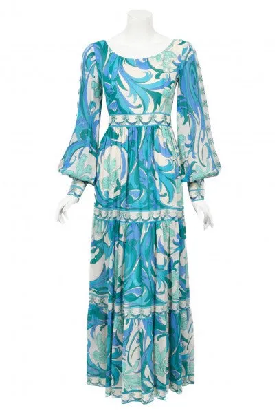 1970's Emilio Pucci Blue Psychedelic Print Silk Billow-Sleeve Maxi Dress