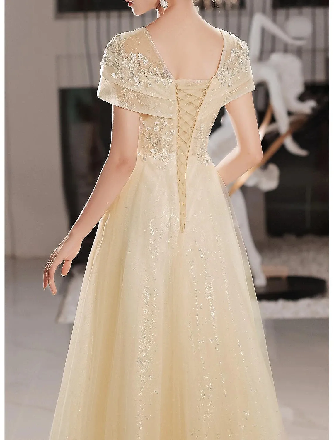 A-Line Beautiful Back Elegant Prom Formal Evening Dress Jewel Neck Short Sleeve Floor Length Lace with Beading Appliques