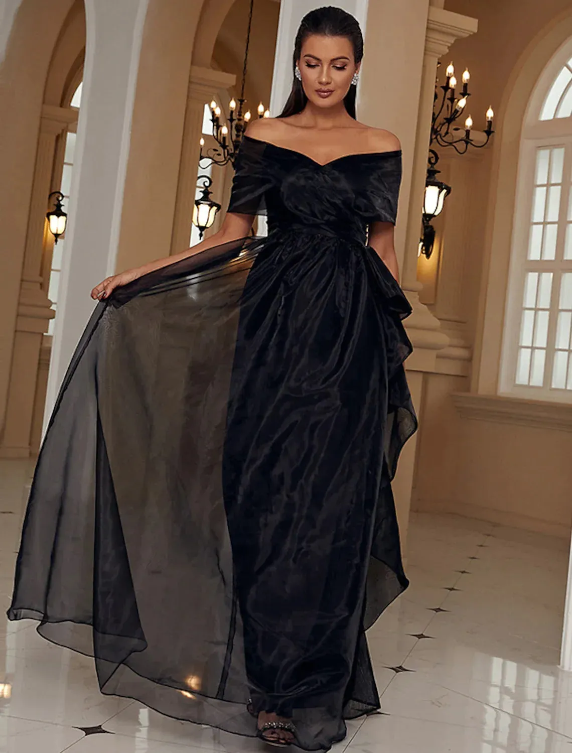 A-Line Black Evening Gown Sexy Dress Formal Floor Length Short Sleeve Off Shoulder with Ruffles Slit