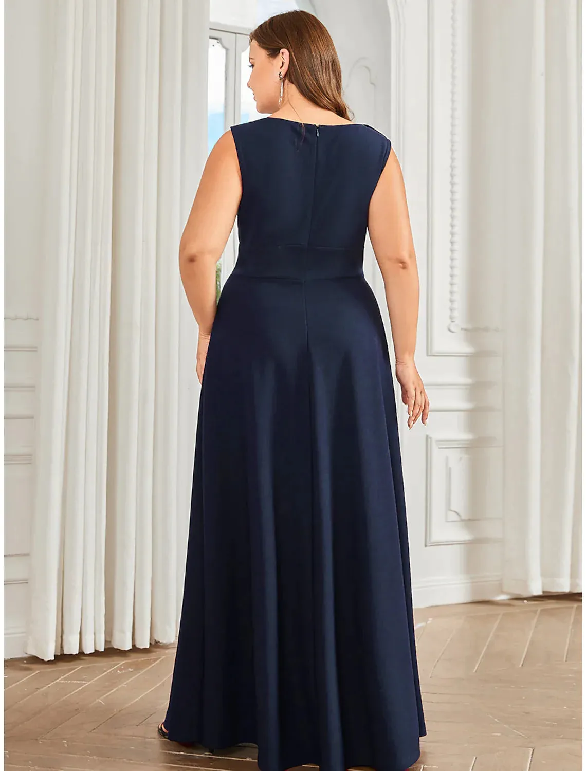 A-Line Evening Gown Plus Size Dress Formal Floor Length Sleeveless with Draping Appliques