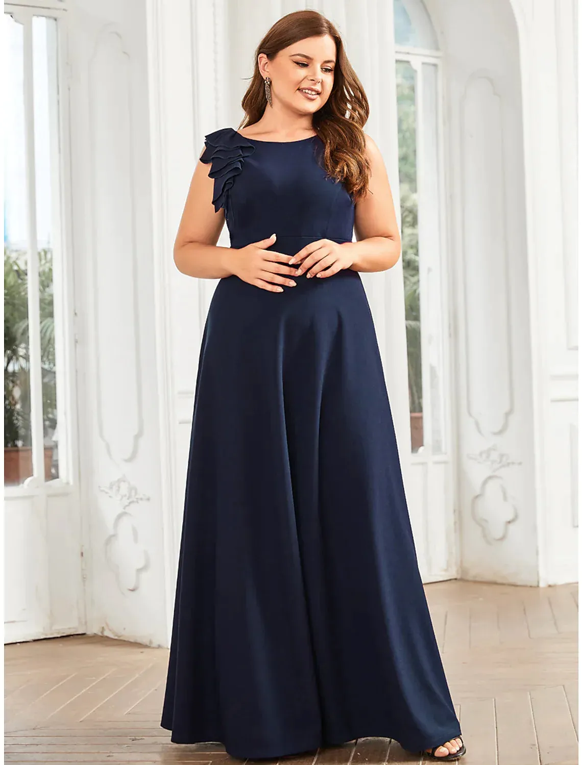 A-Line Evening Gown Plus Size Dress Formal Floor Length Sleeveless with Draping Appliques