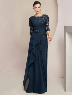 A-Line Mother of the Bride Dress Formal Wedding Guest Elegant Jewel Neck Floor Length Chiffon Lace Sequined Half Sleeve with Sequin Ruching