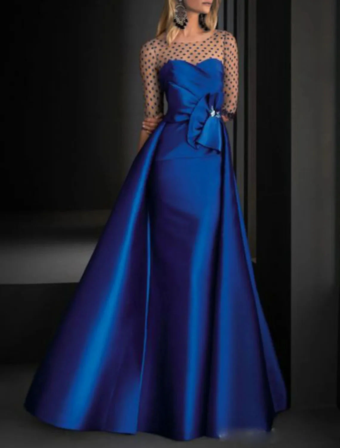 A-Line Party Dress Vintage Engagement Formal Evening Dress Illusion Neck Half Sleeve Floor Length Satin with Crystals