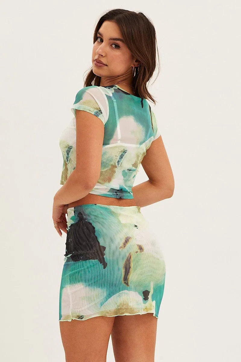 Abstract Print Mesh Mini Bodycon Skirt