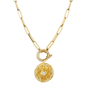 Alchemy Link Charm Necklace with Pavé Diamonds and 18k Diamond Eye of Protection Coin Charm