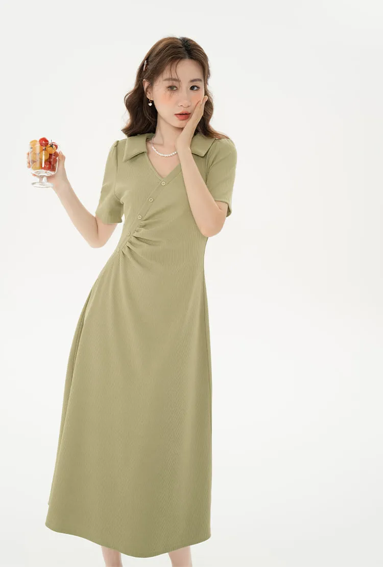 Asymmetric Button Ruched Midi Dress