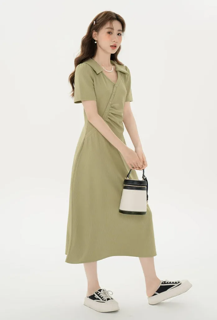 Asymmetric Button Ruched Midi Dress