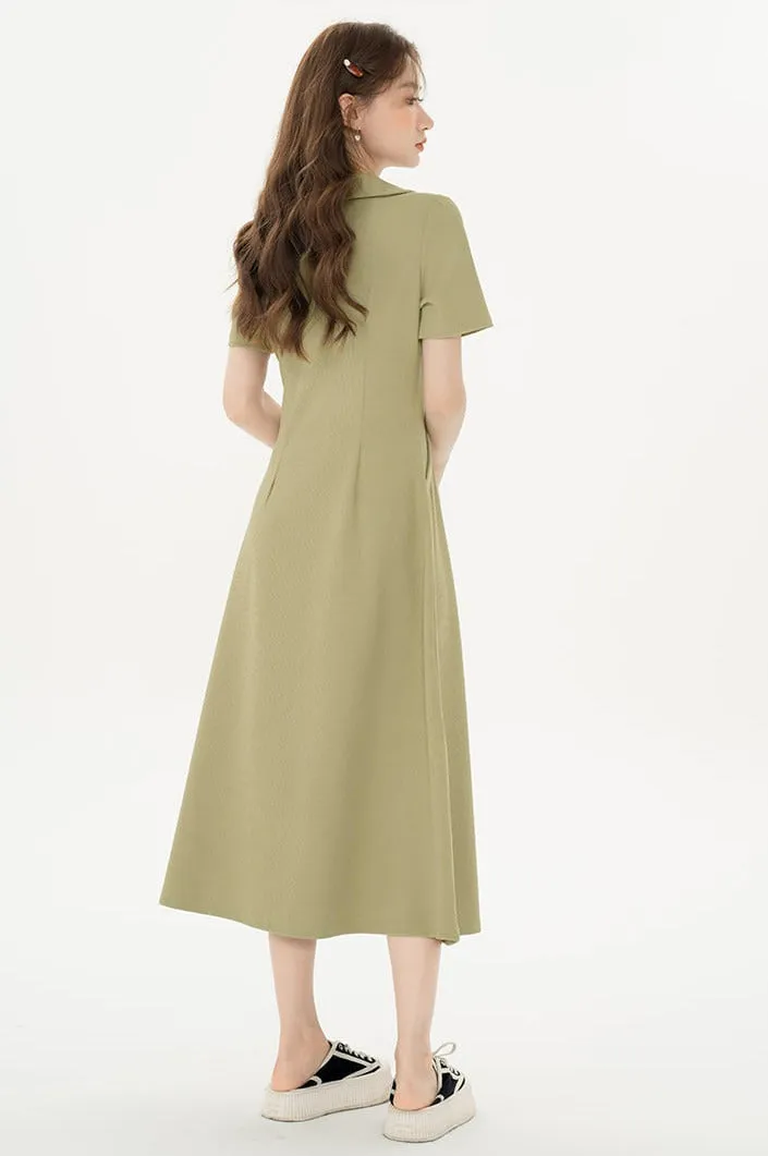 Asymmetric Button Ruched Midi Dress