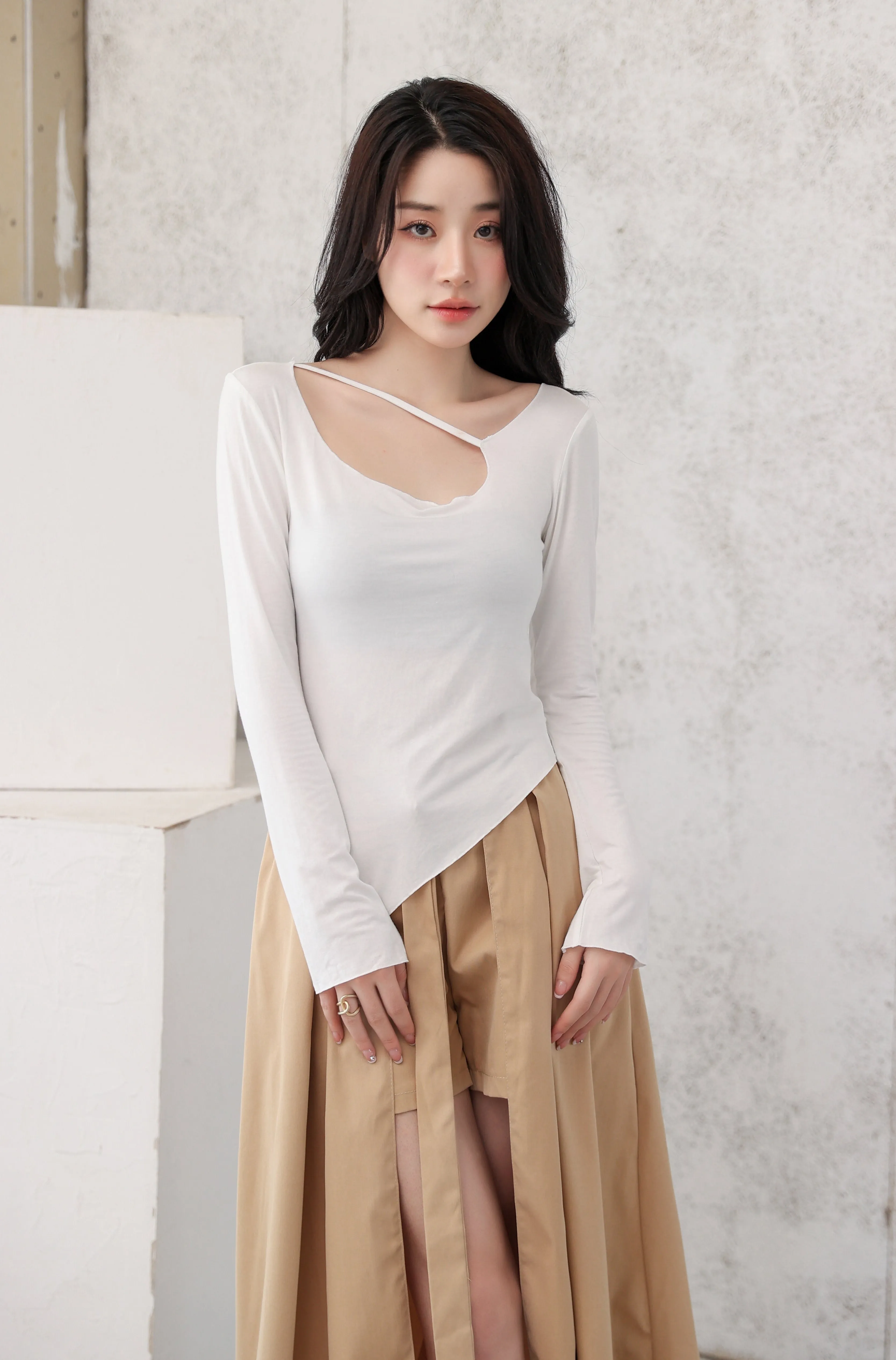 Asymmetric Neck Strap Long Sleeve Top