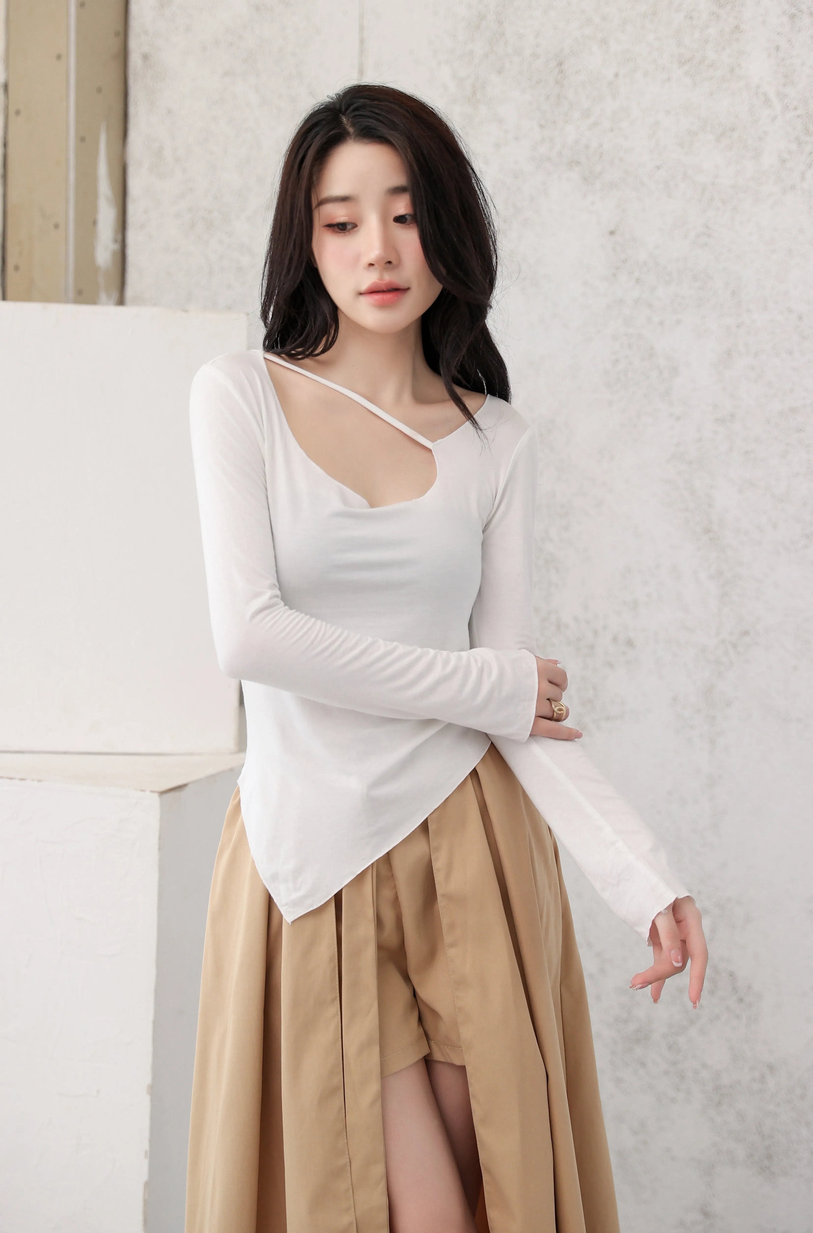 Asymmetric Neck Strap Long Sleeve Top