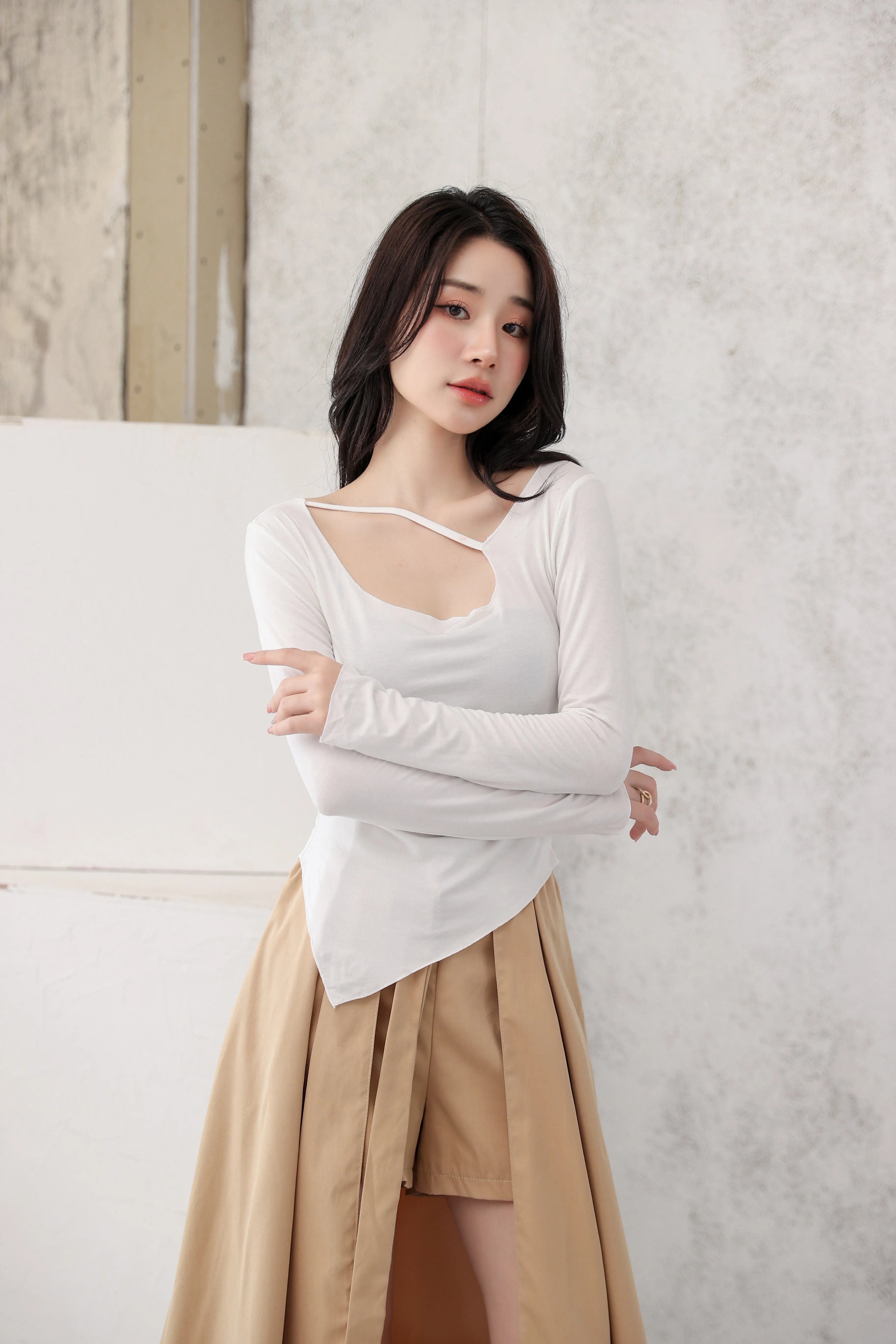 Asymmetric Neck Strap Long Sleeve Top