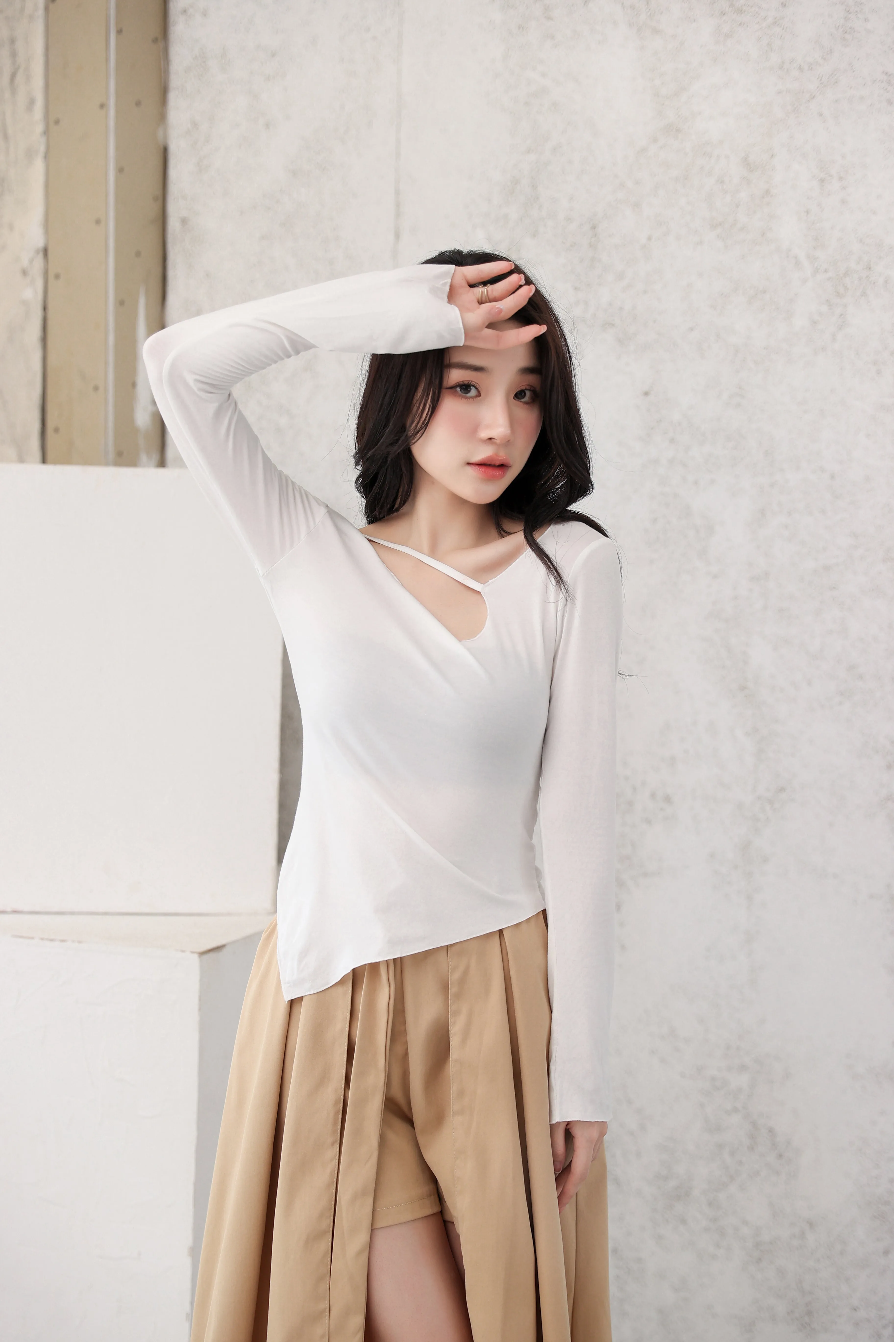 Asymmetric Neck Strap Long Sleeve Top