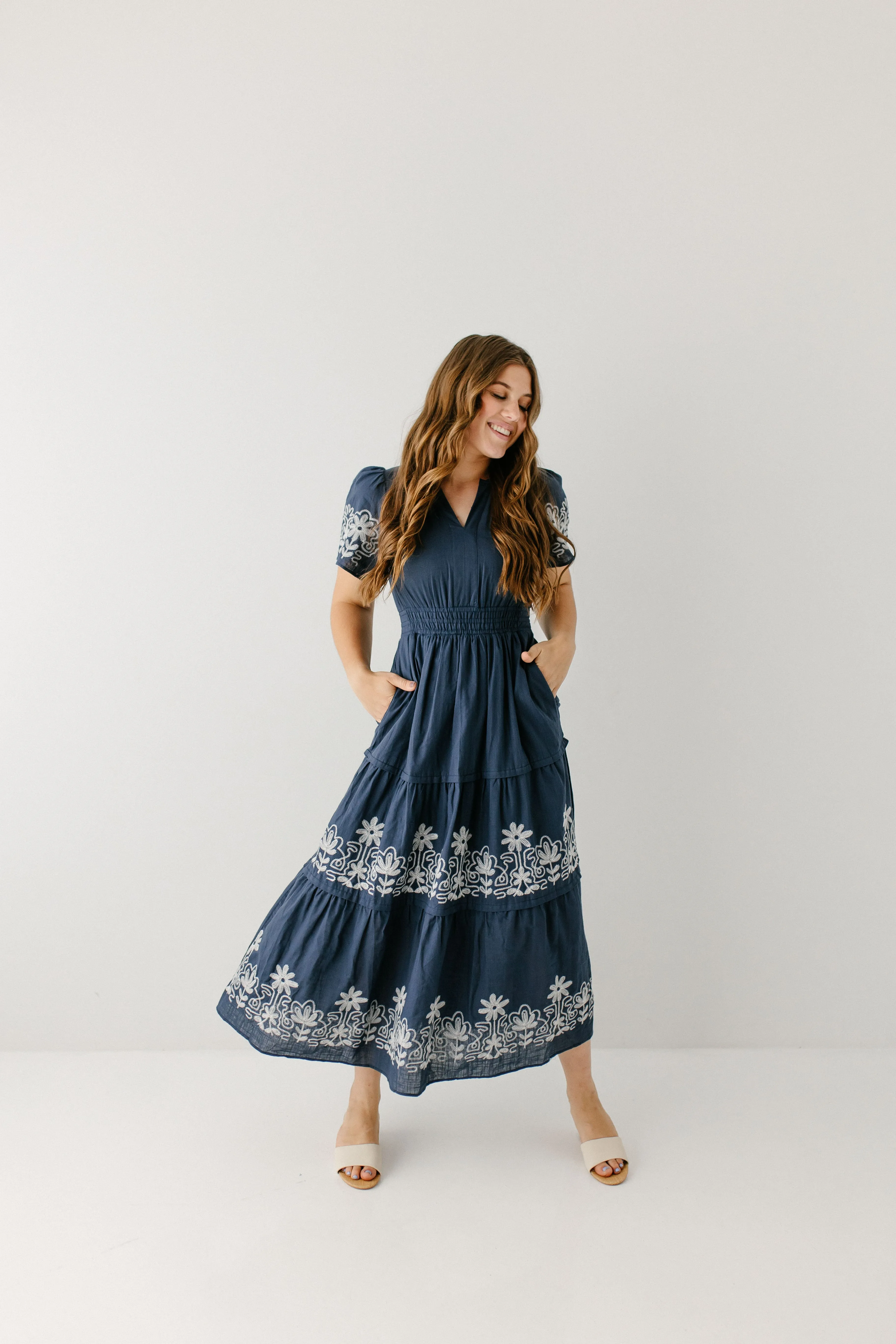 'Athena' Embroidered Detail Cotton Blend Maxi Dress in Navy