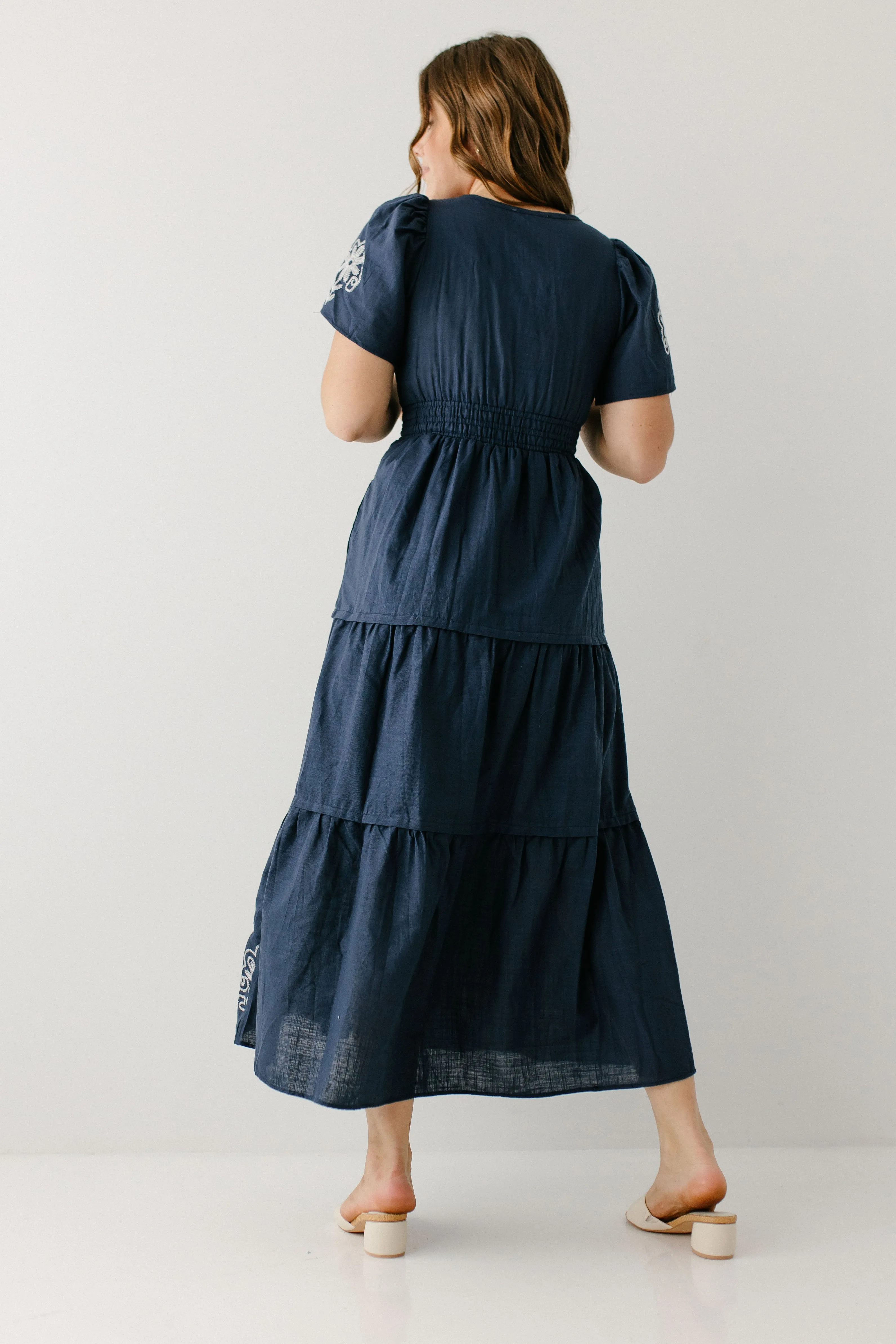 'Athena' Embroidered Detail Cotton Blend Maxi Dress in Navy