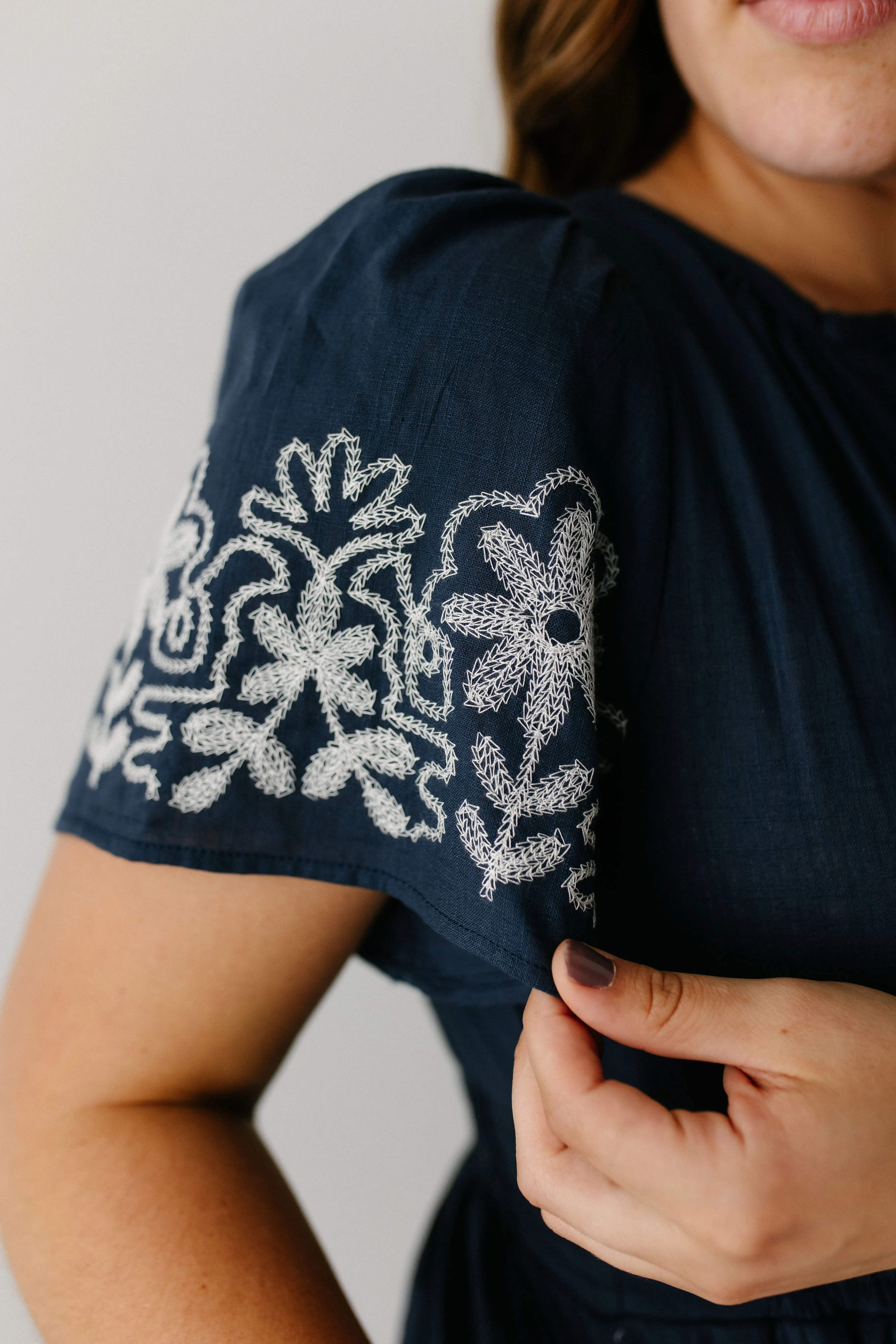 'Athena' Embroidered Detail Cotton Blend Maxi Dress in Navy