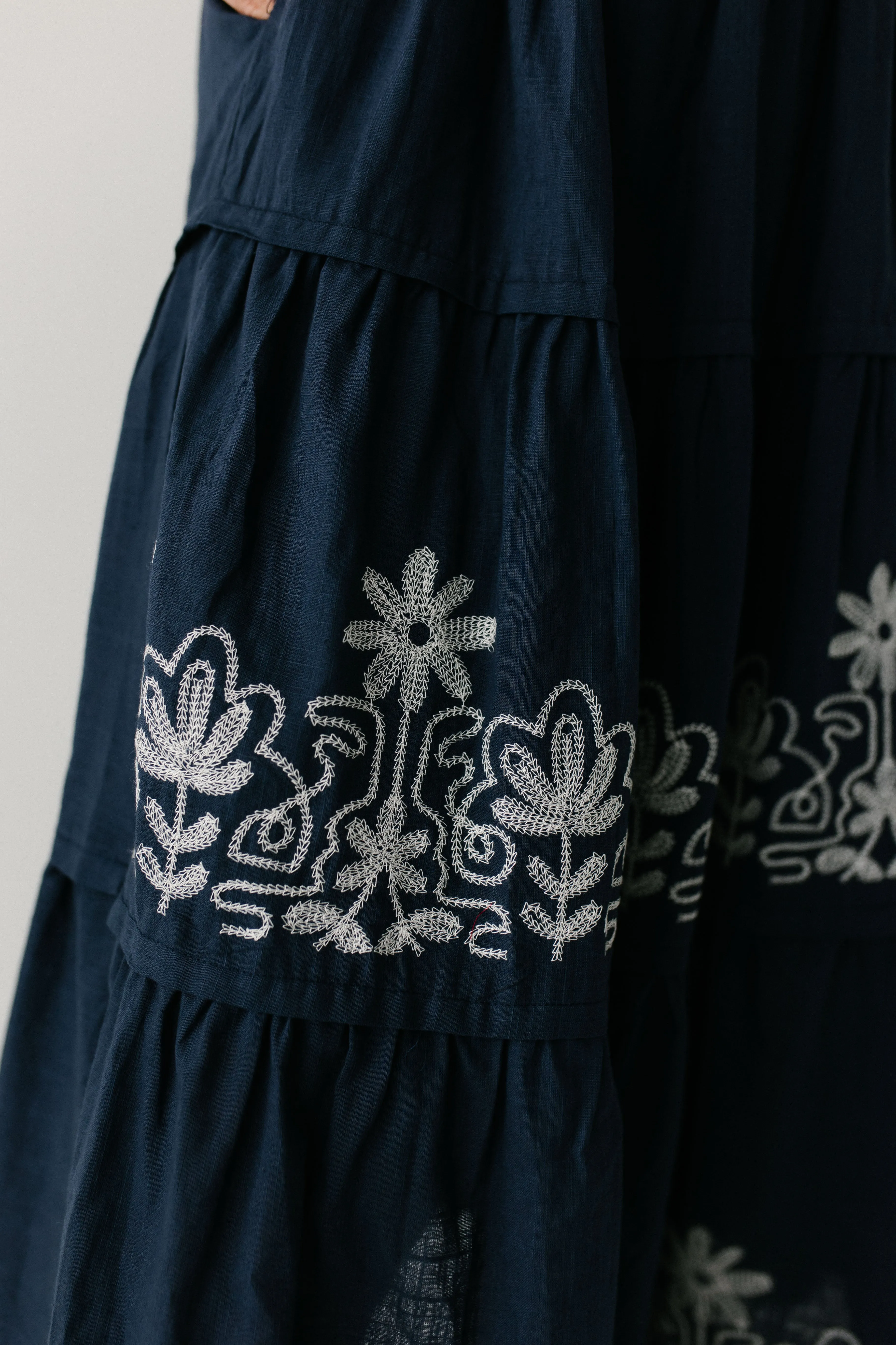 'Athena' Embroidered Detail Cotton Blend Maxi Dress in Navy