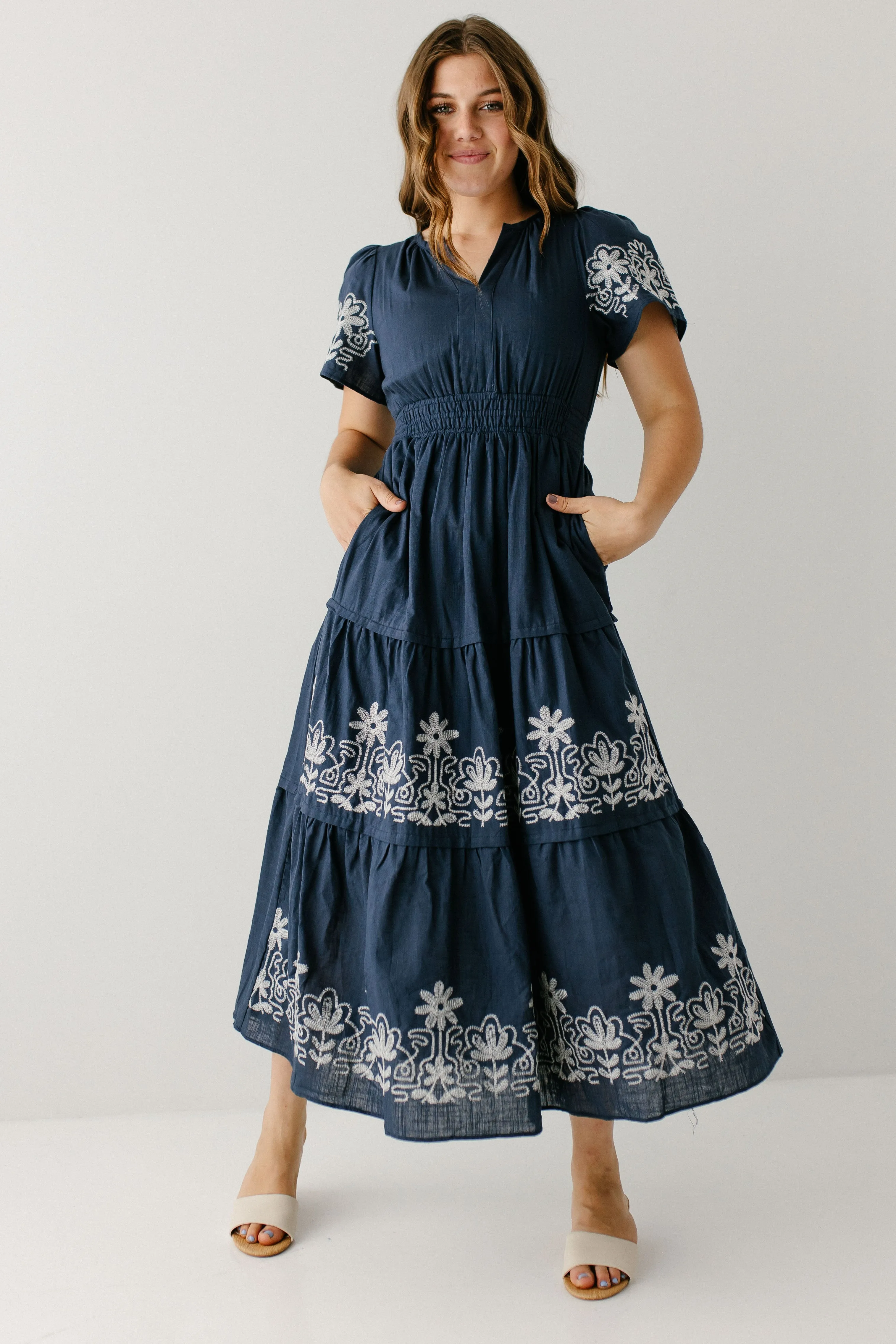 'Athena' Embroidered Detail Cotton Blend Maxi Dress in Navy