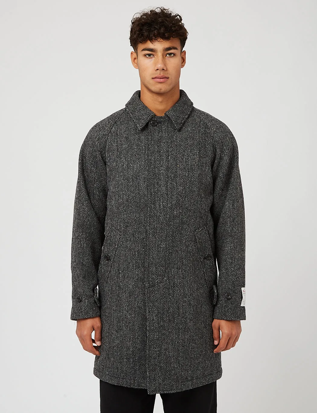 Beams Plus Balmacaan Collar Harris Tweed Coat - Grey Herringbone