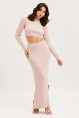 Beige Knit Skirt Midi Side Split