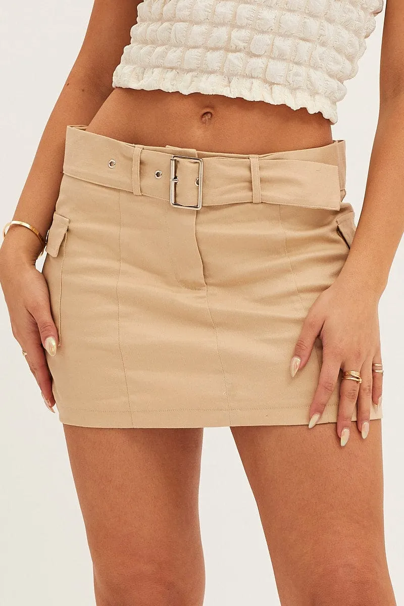 Beige Mid Rise Belted Cargo Mini Skirt