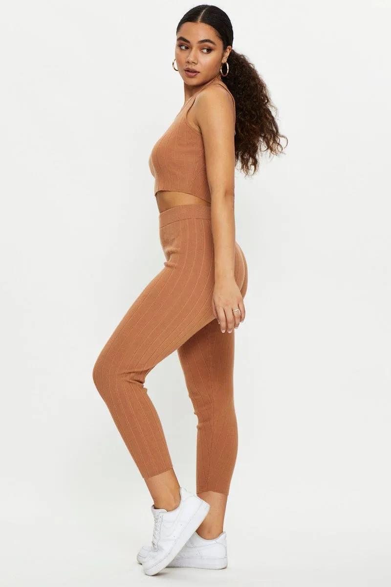 Beige Ribbed Knit Leggings