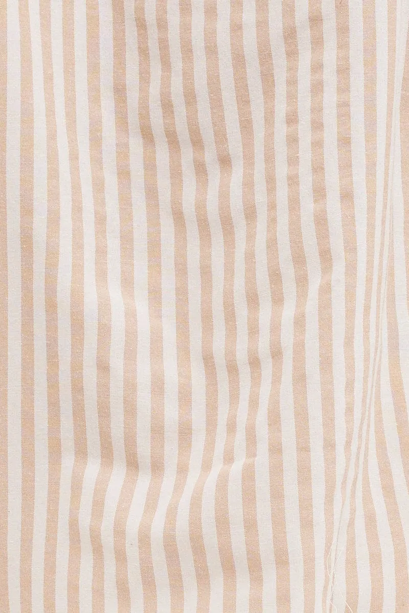 Beige Stripe Mini Shorts High Rise Cotton Blend