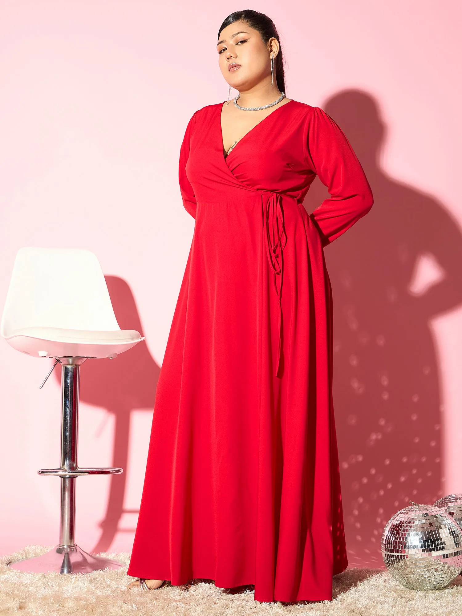 Berrylush Curve Women Red Solid V-Neck Long Sleeves Maxi Dress