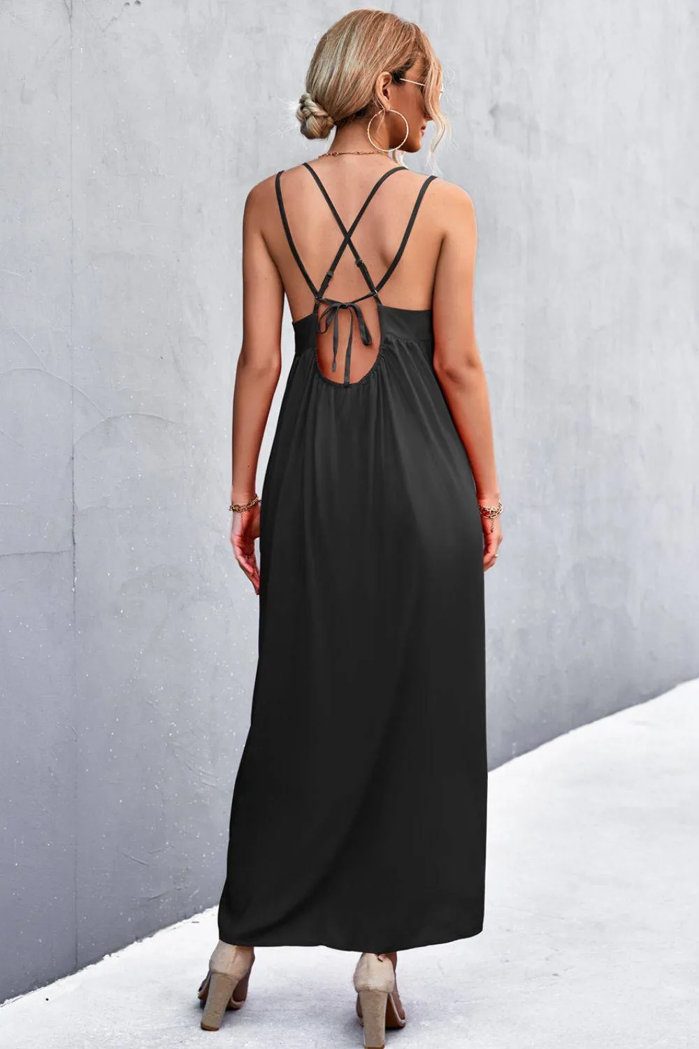 Black Double-Strap Crisscross Maxi Dress