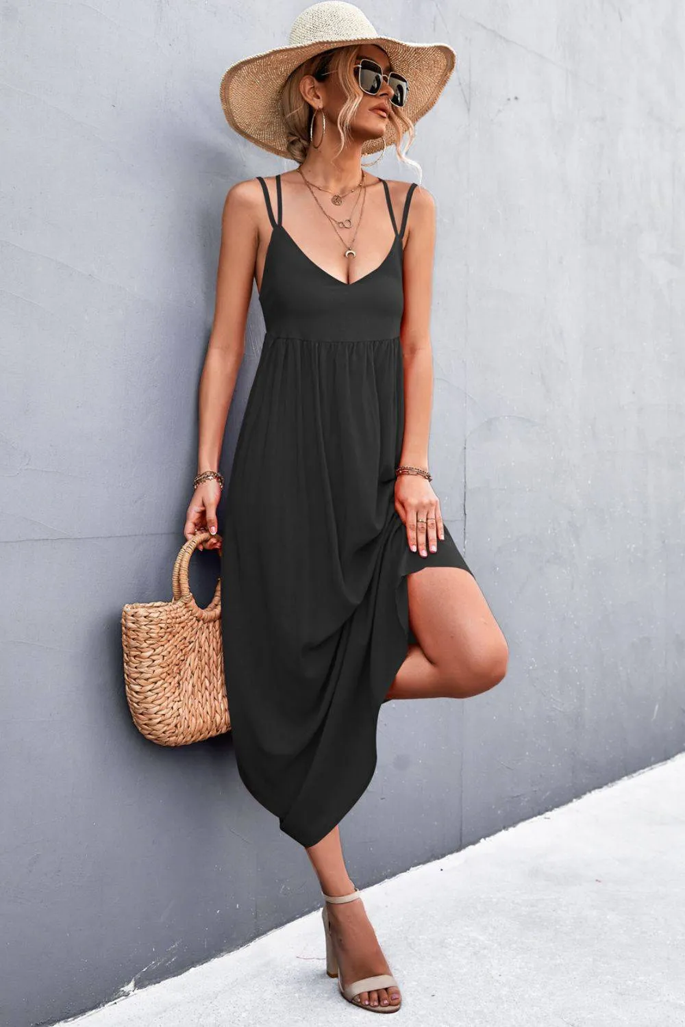 Black Double-Strap Crisscross Maxi Dress