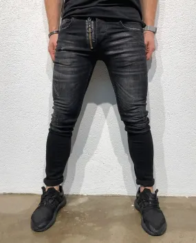 Black Front Zipper Skinny Fit Denim B156 Streetwear Denim Jeans