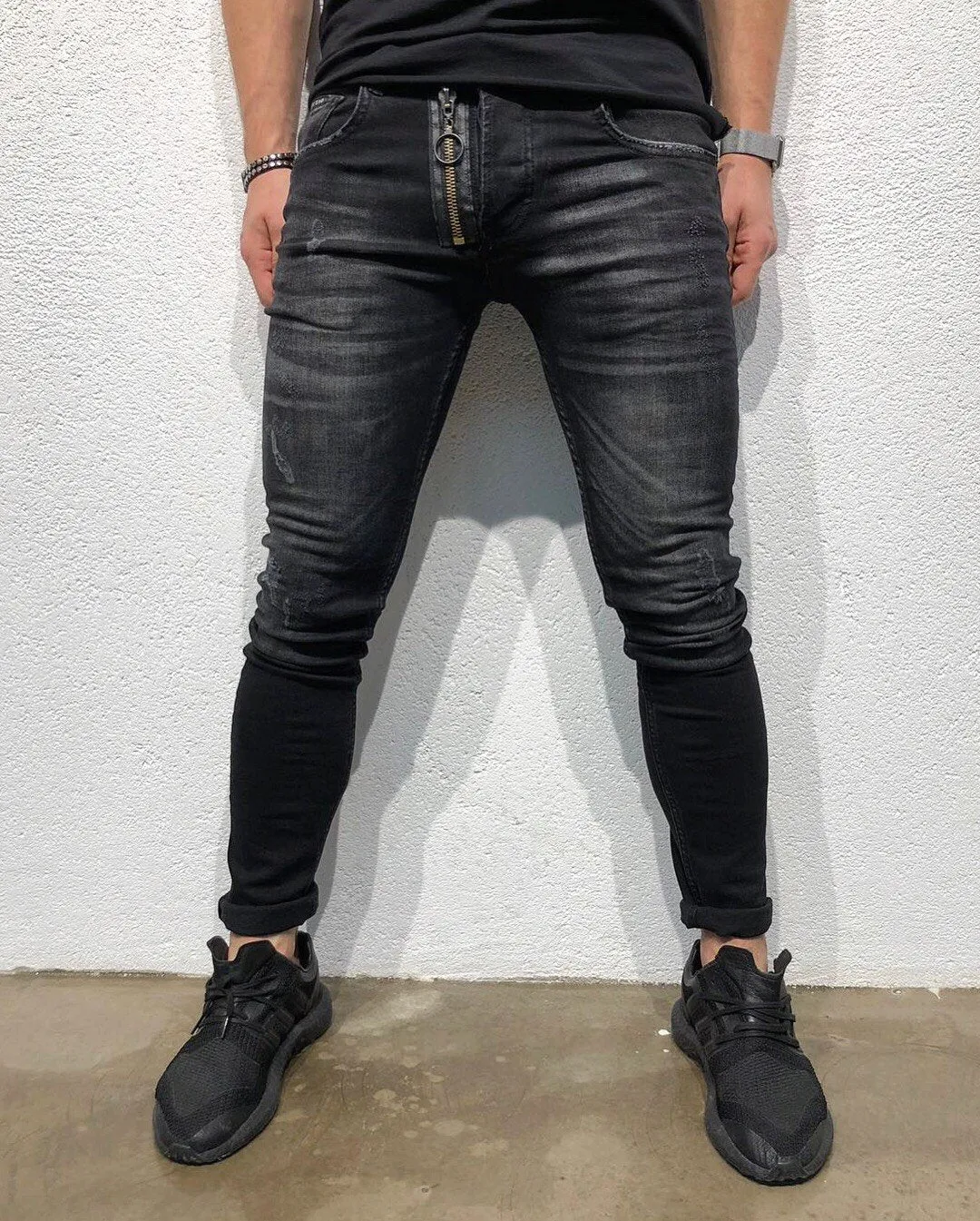 Black Front Zipper Skinny Fit Denim B156 Streetwear Denim Jeans