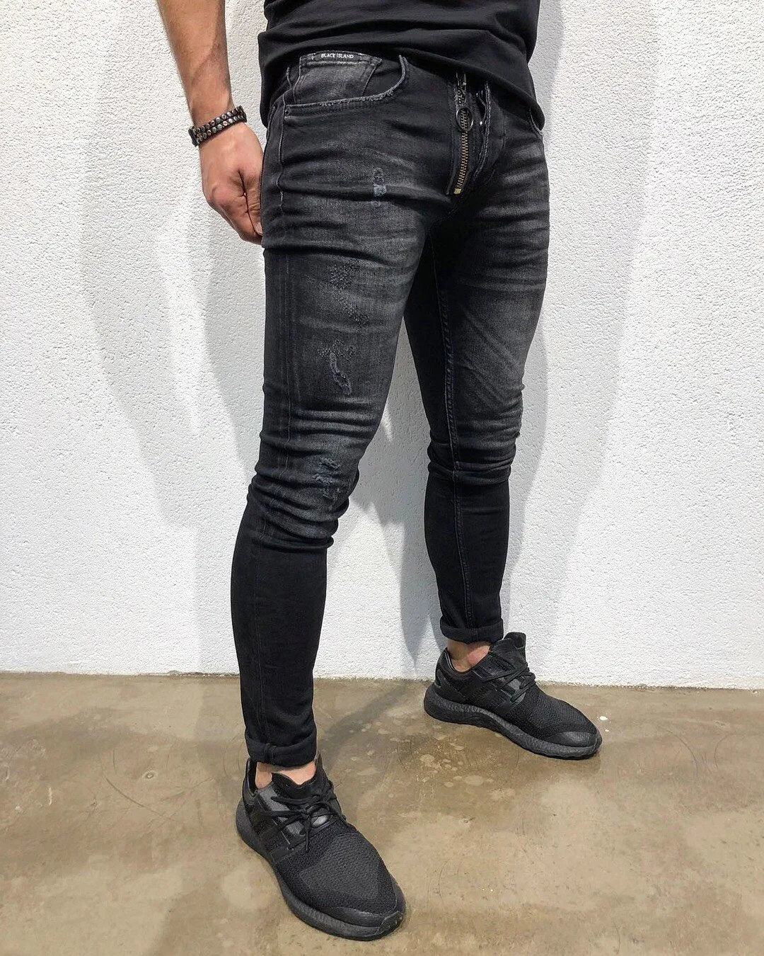 Black Front Zipper Skinny Fit Denim B156 Streetwear Denim Jeans