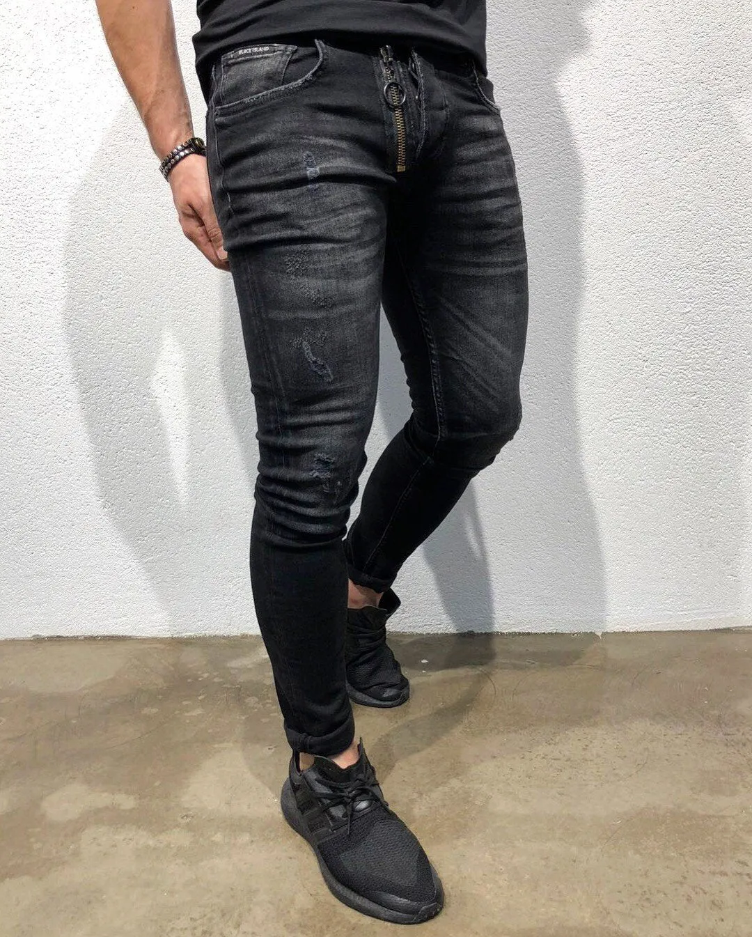 Black Front Zipper Skinny Fit Denim B156 Streetwear Denim Jeans