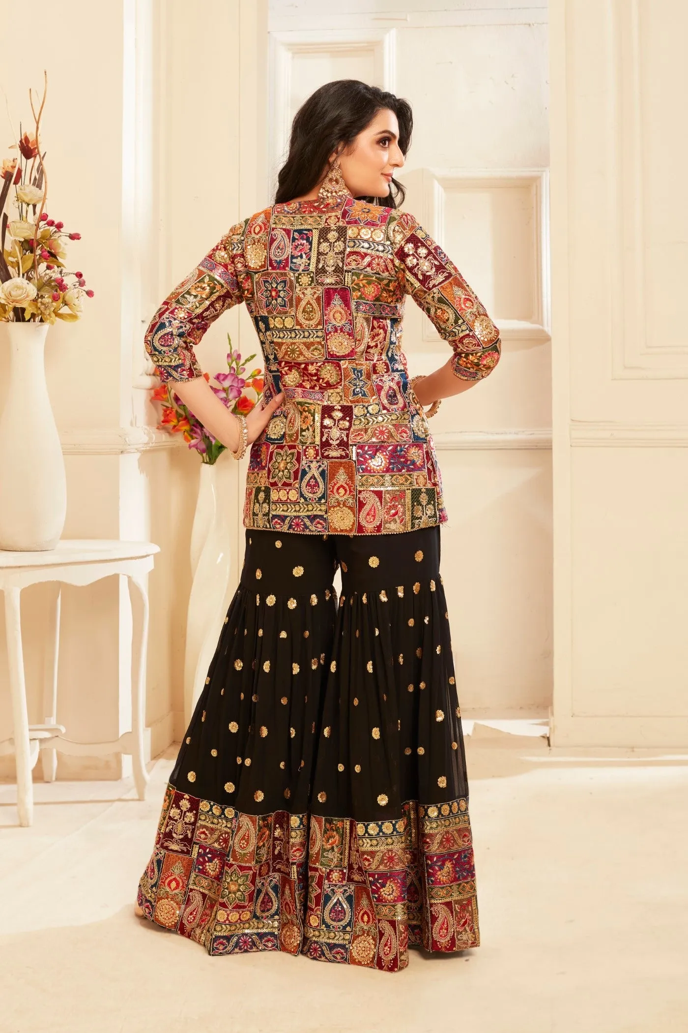 Black Heavy Embroidered Brocade Silk Sharara Set