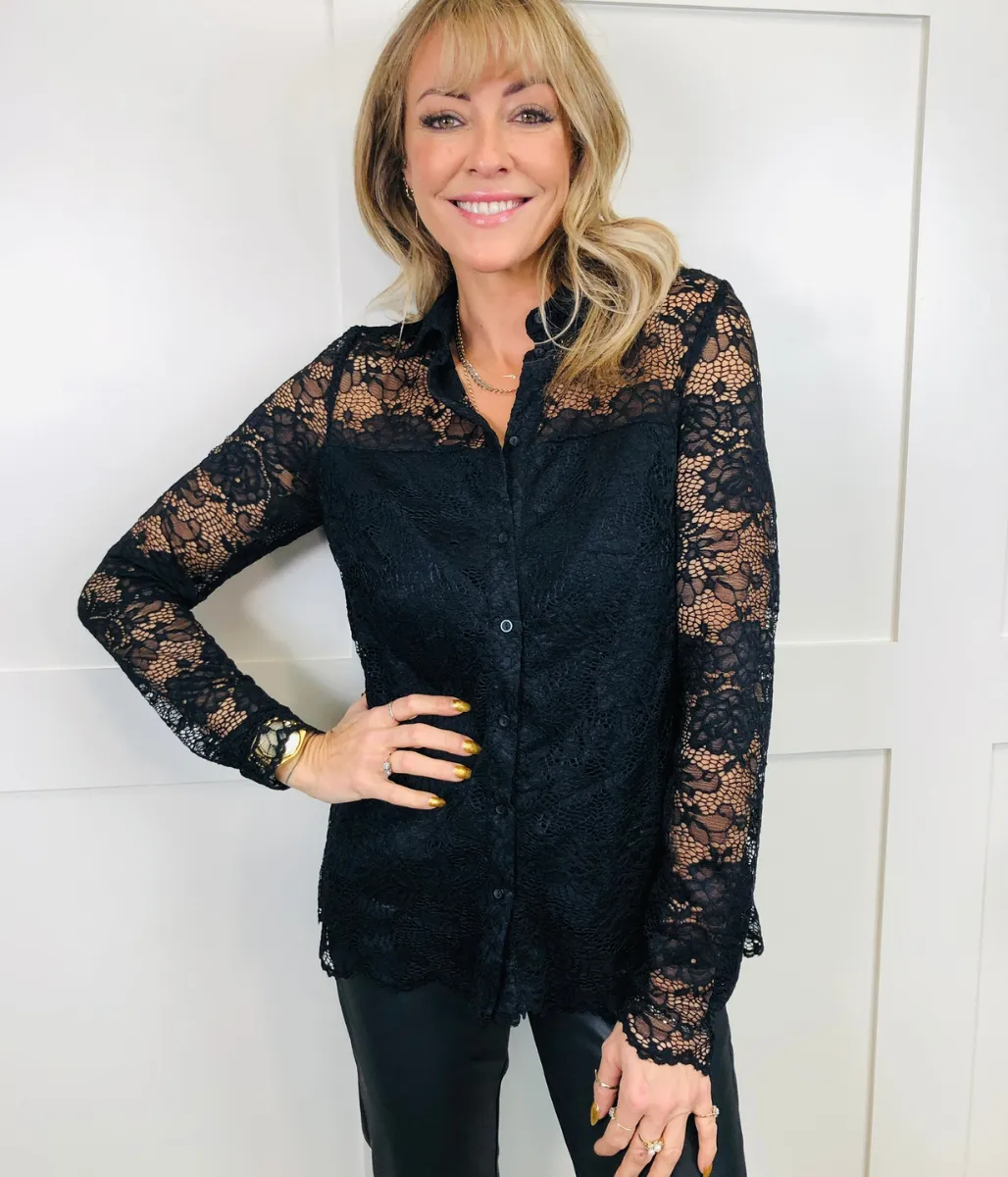 Black Lace Overlay Evening Blouse