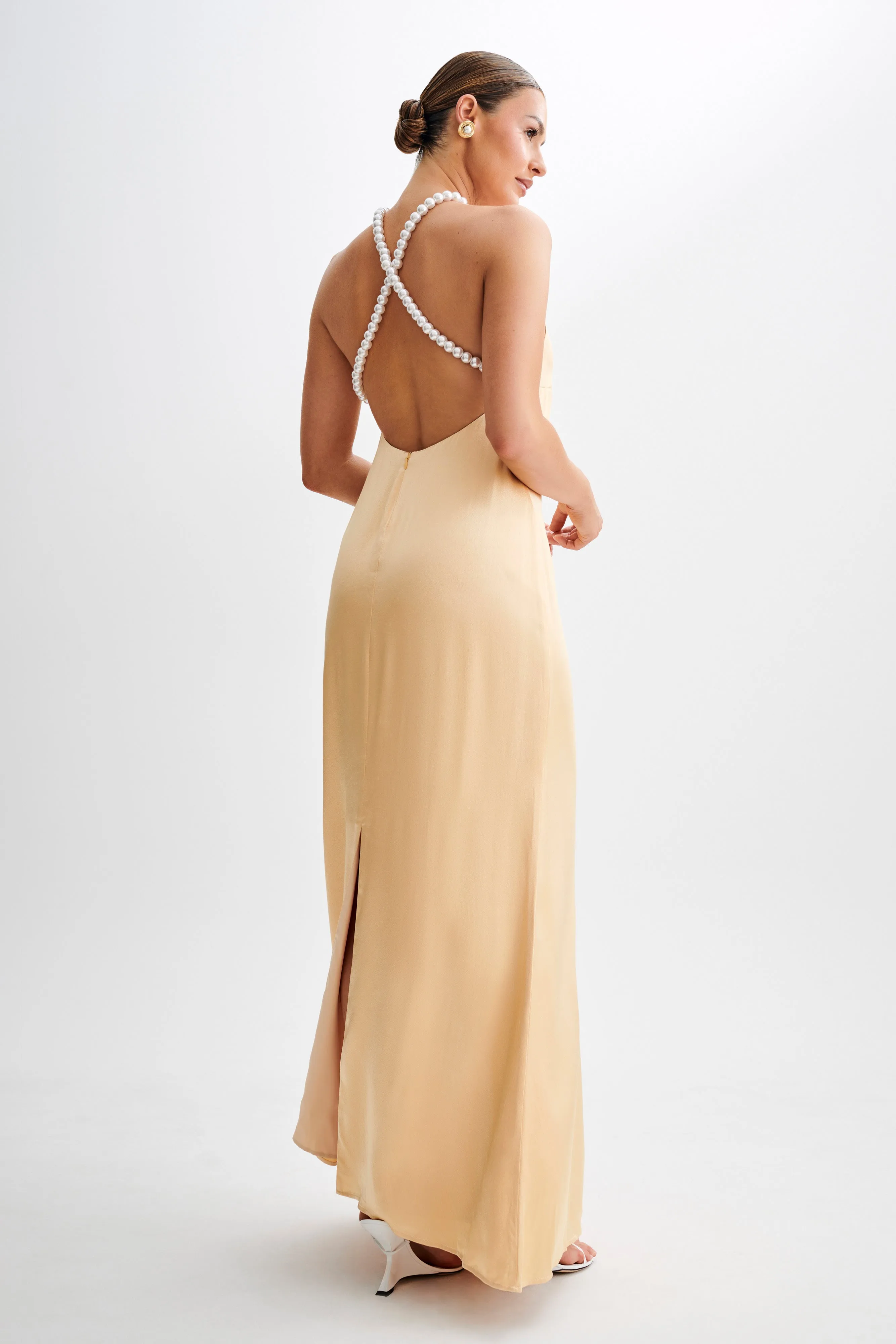 Blanche Satin Pearl Halter Maxi Dress - Peach