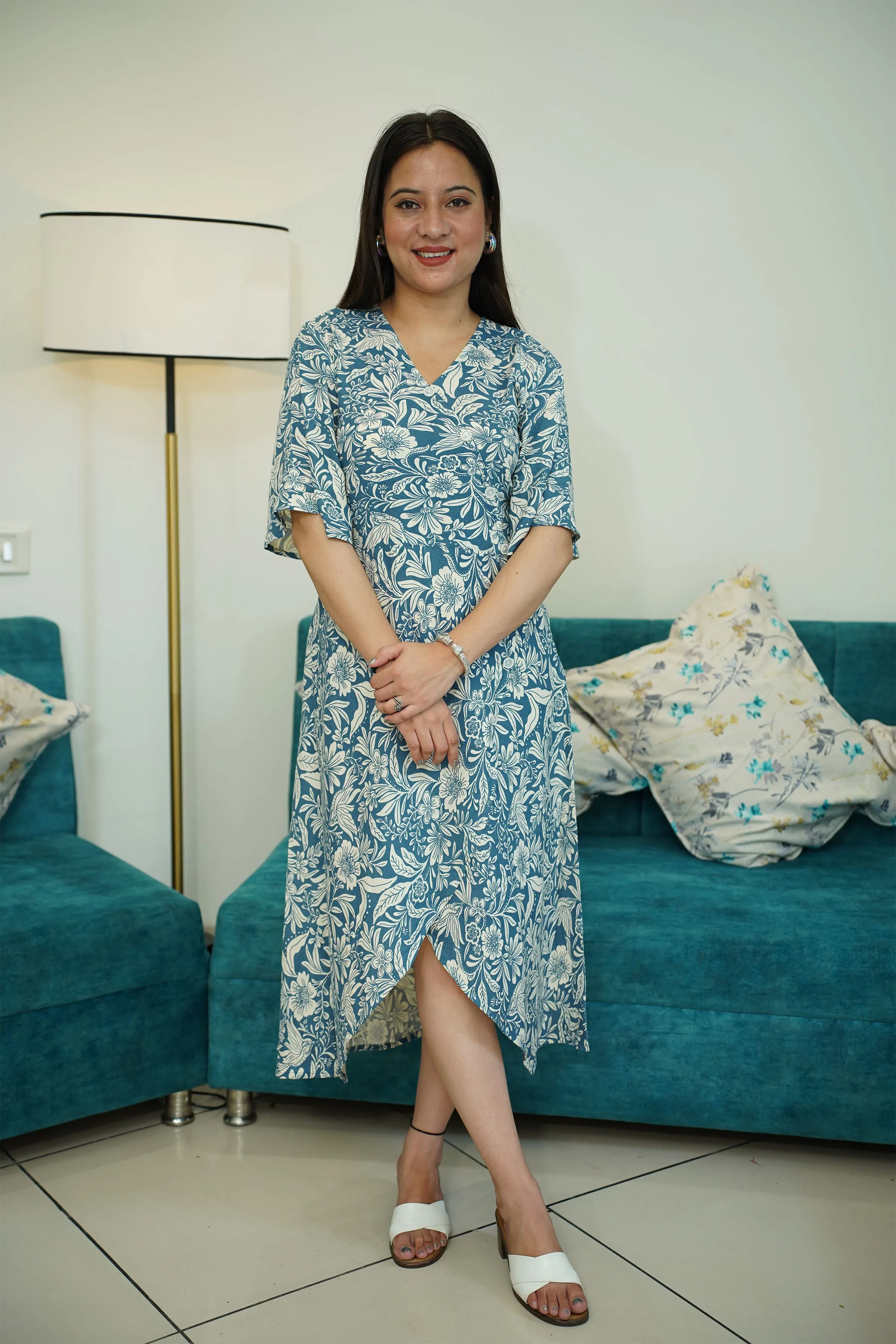 Blue Floral Rayon Wrap Dress