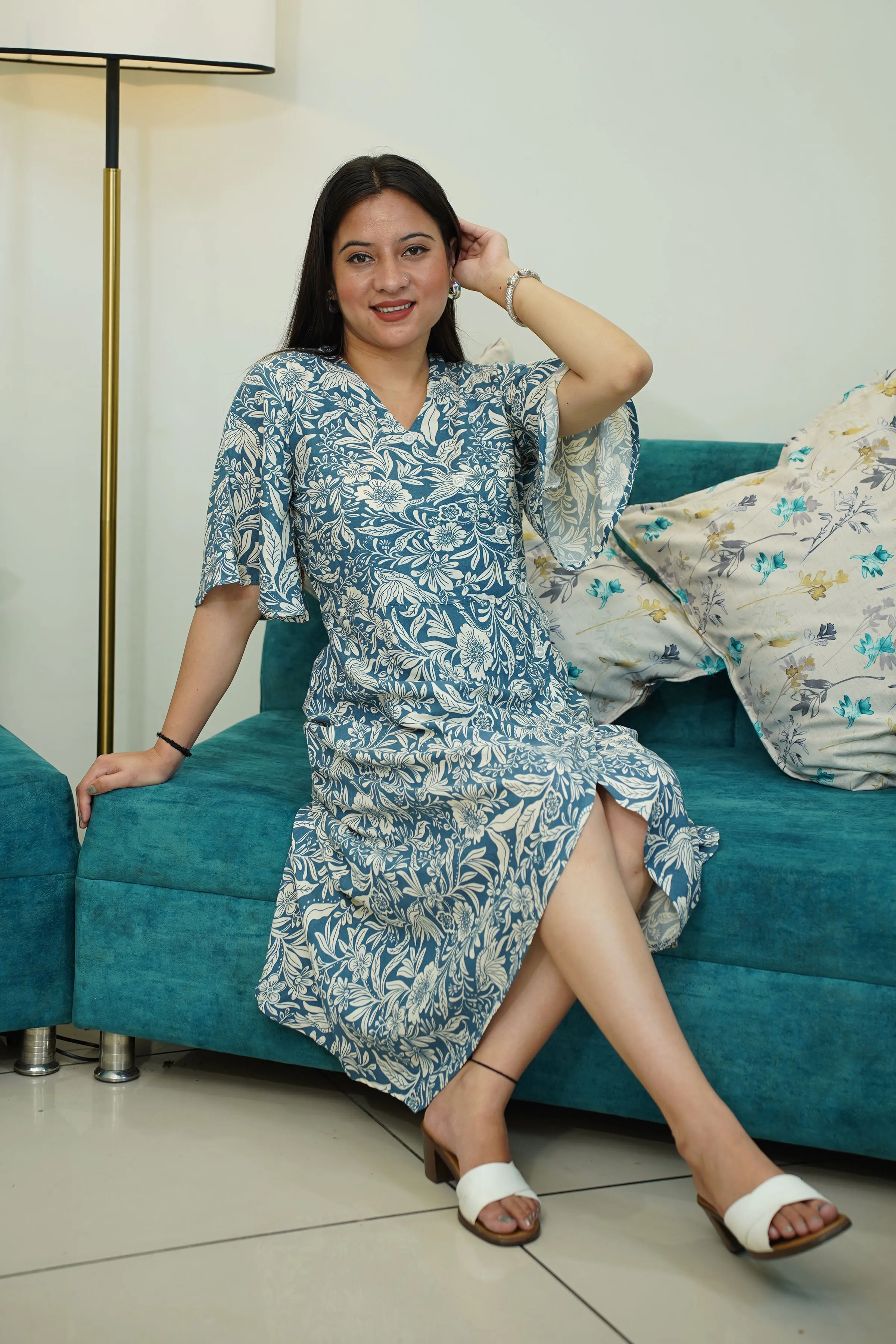 Blue Floral Rayon Wrap Dress