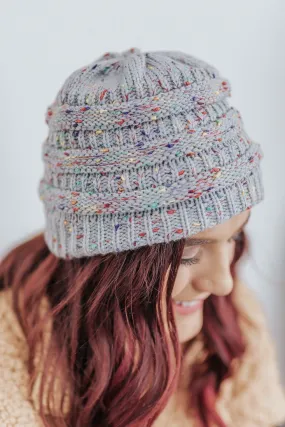 Breezy Weather Ahead Pony Tail Confetti Beanie in Grey