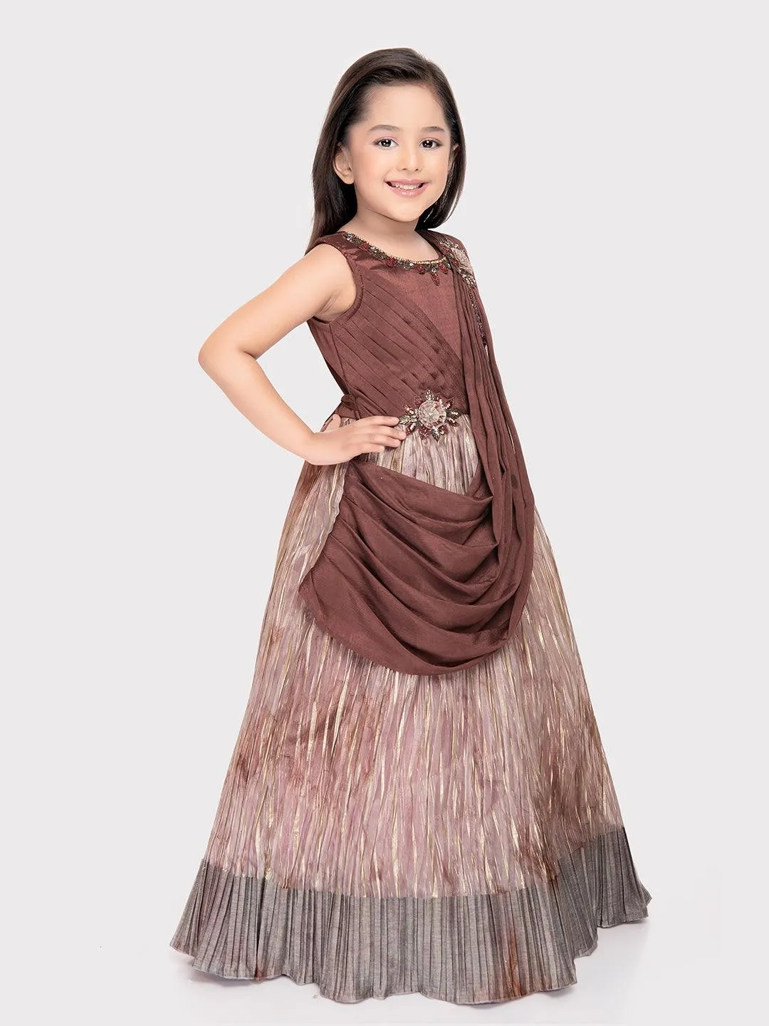 Brown Coloured Dupatta Style Ethnic Wear Gown For Girls \ Ethnic Gown For Girls