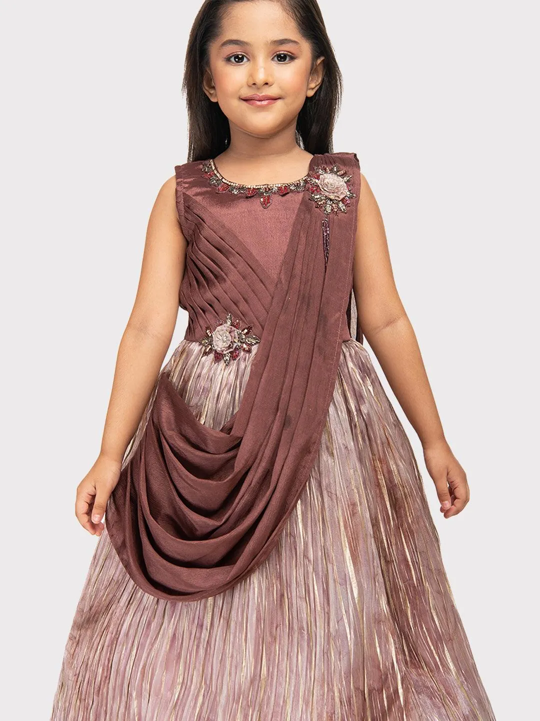 Brown Coloured Dupatta Style Ethnic Wear Gown For Girls \ Ethnic Gown For Girls