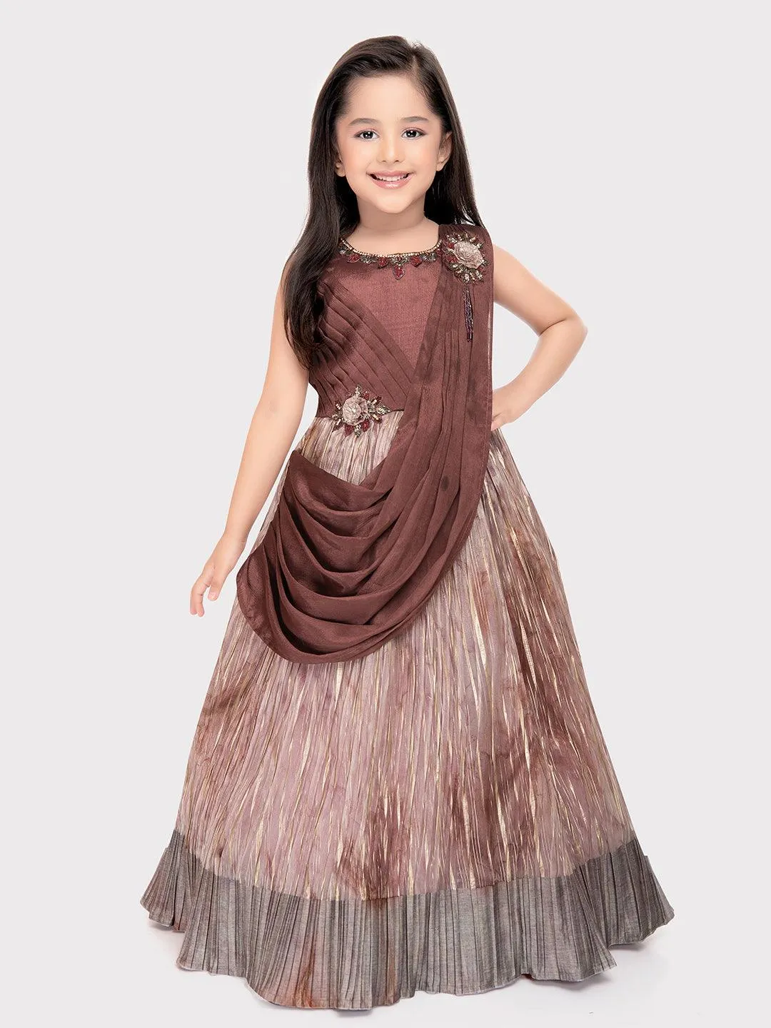 Brown Coloured Dupatta Style Ethnic Wear Gown For Girls \ Ethnic Gown For Girls