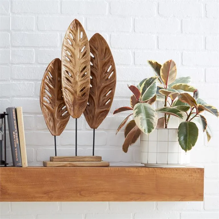 BROWN TEAK WOOD LEAF HANDMADE SCULPTURE