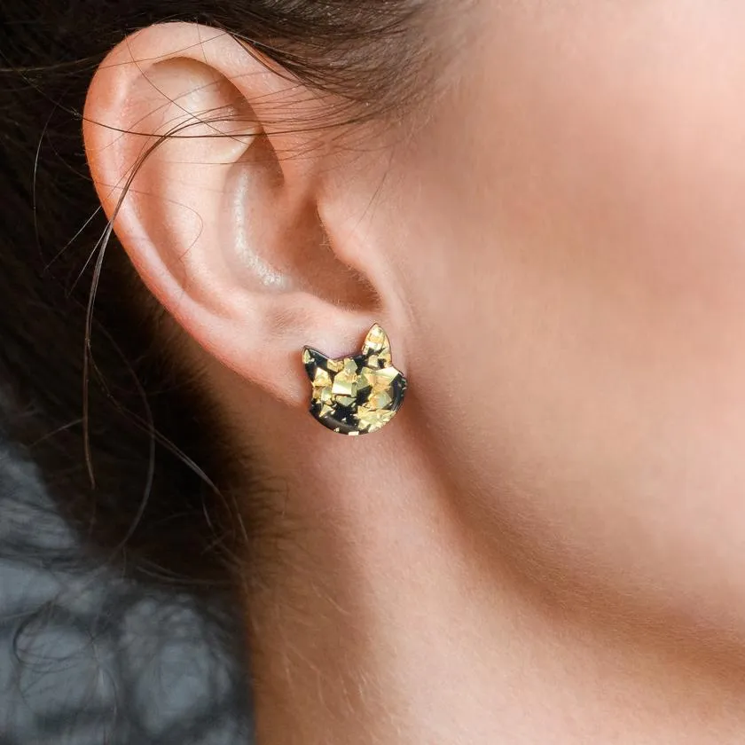 Cat Head Chunky Glitter Resin Stud Earrings - Yellow