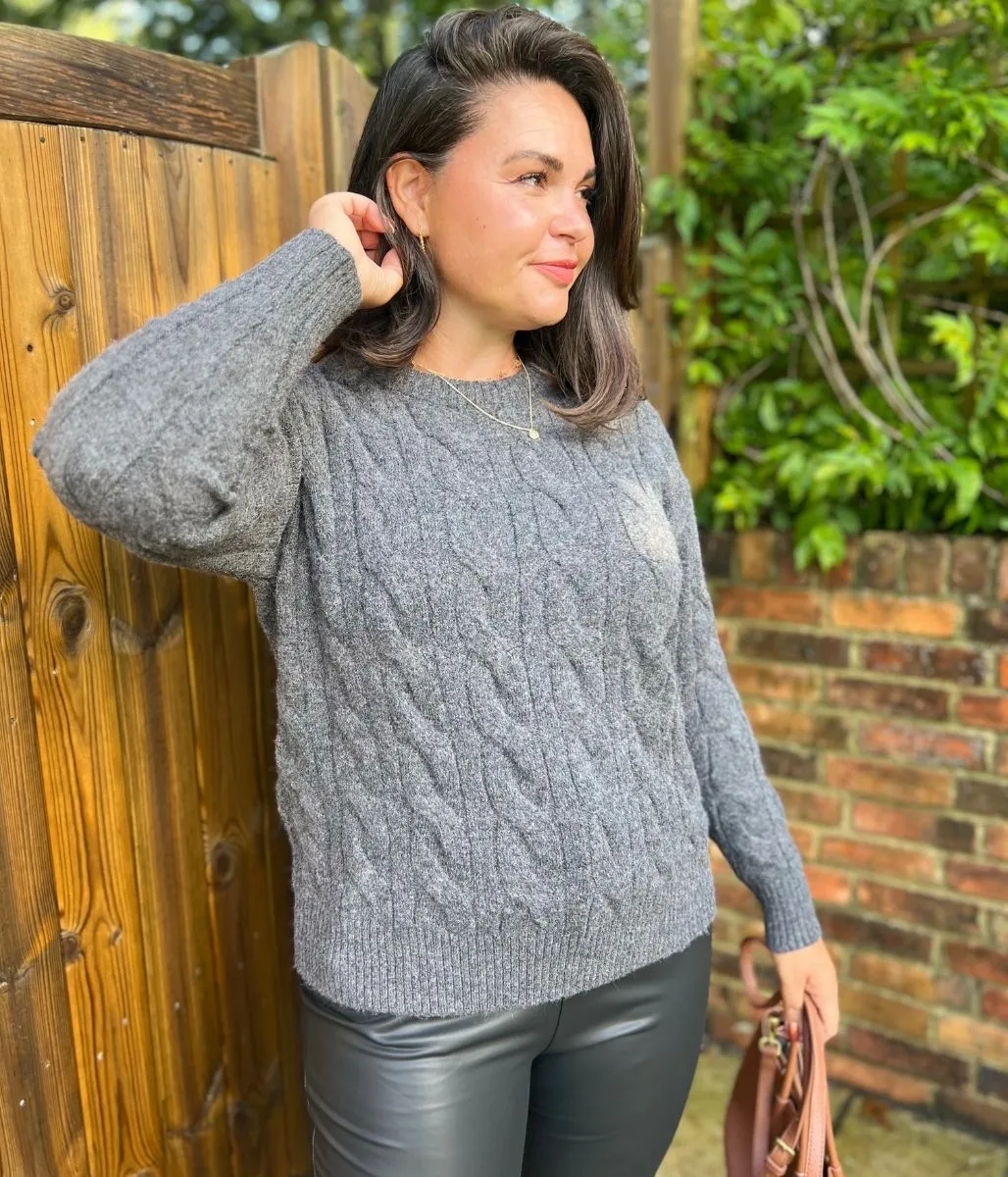 Charcoal Crew Neck Cable Knit Jumper