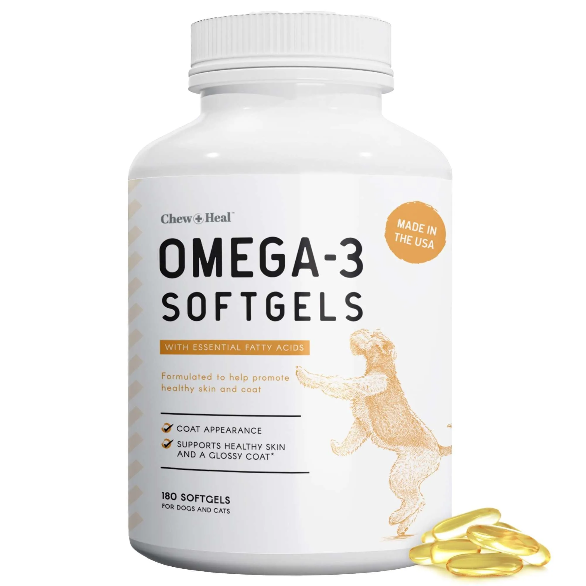 Chew   Heal Omega 3 Fish Oil for Dogs - 180 Softgel Supplements for Healthy Skin and Coat