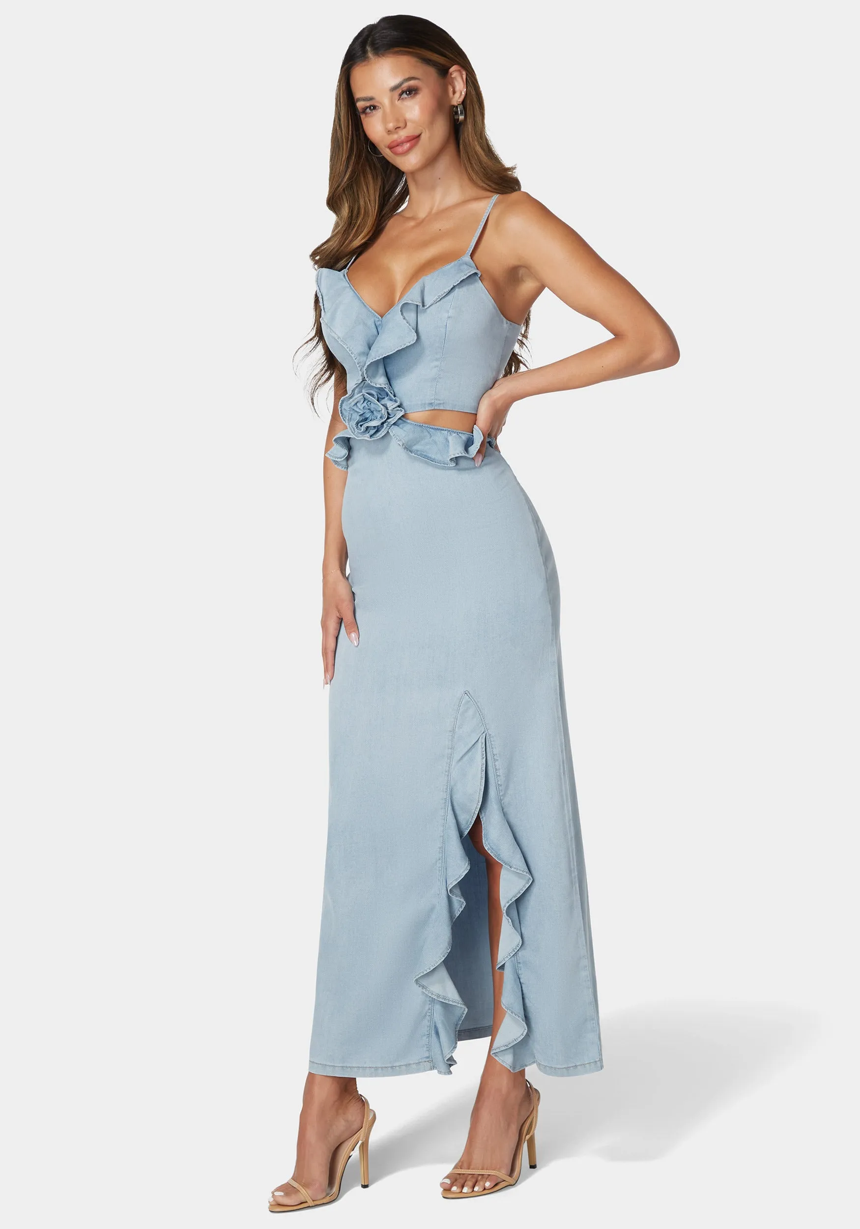 Cut Out Rosette Detail Maxi Denim Dress