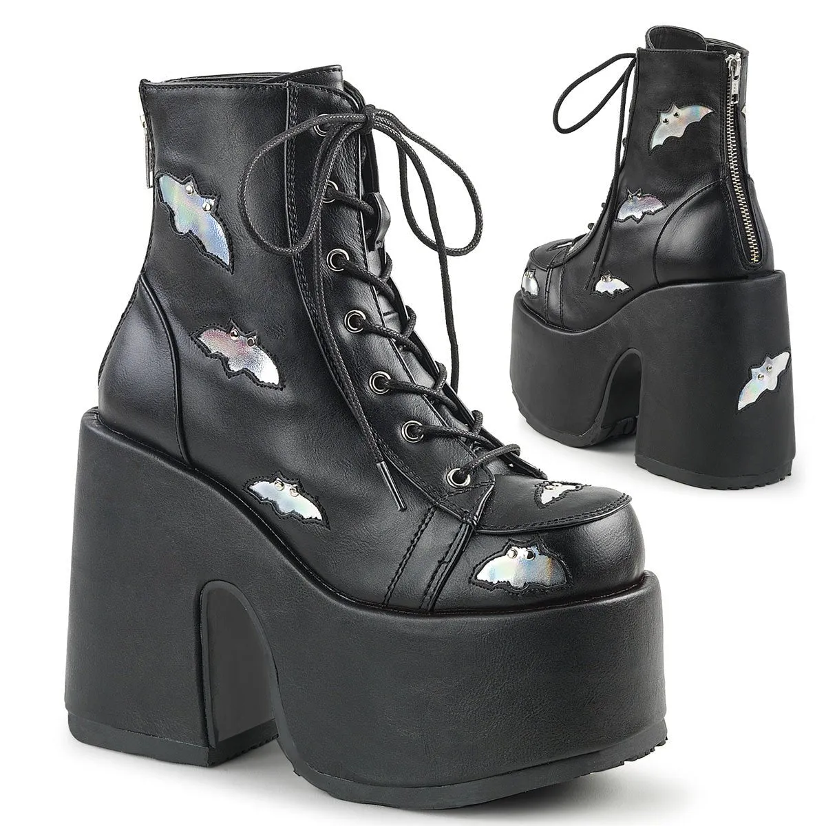 Demonia CAMEL-201 | Black & Silver Holo V. Leather Ankle Boots