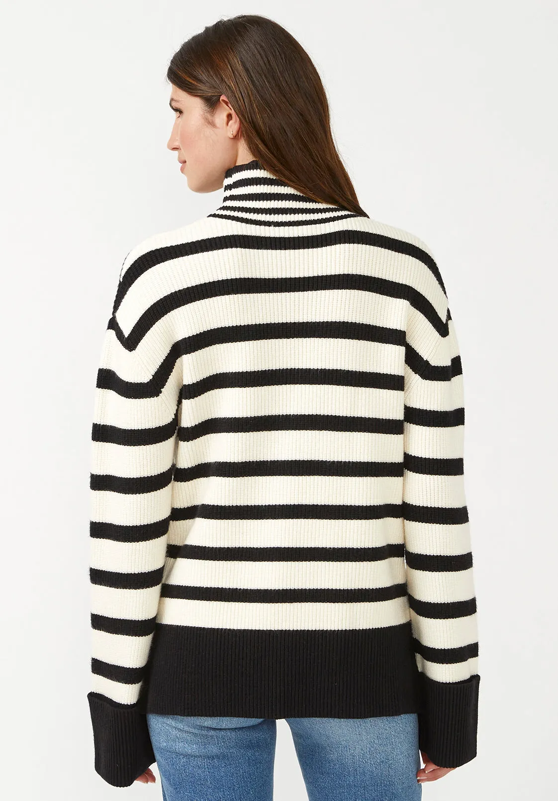 Drew Women's Funnel Neck Sweater in Black & White Stripe - SW0020F